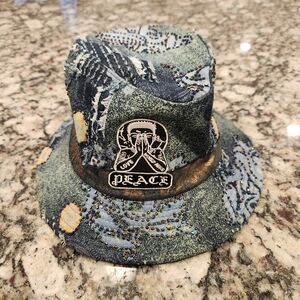 DREAM CONTROL Hat Denim Patch And Rhinestone Bucket Hat Size L/XL World Peace